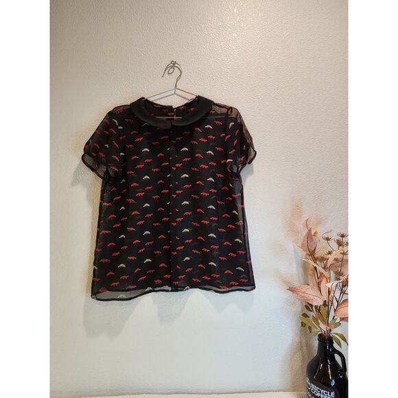 Vivienne Tam‎ Sheer Fox Print Blouse Black Red Peter Pan Collar Size L - Picture 2 of 3